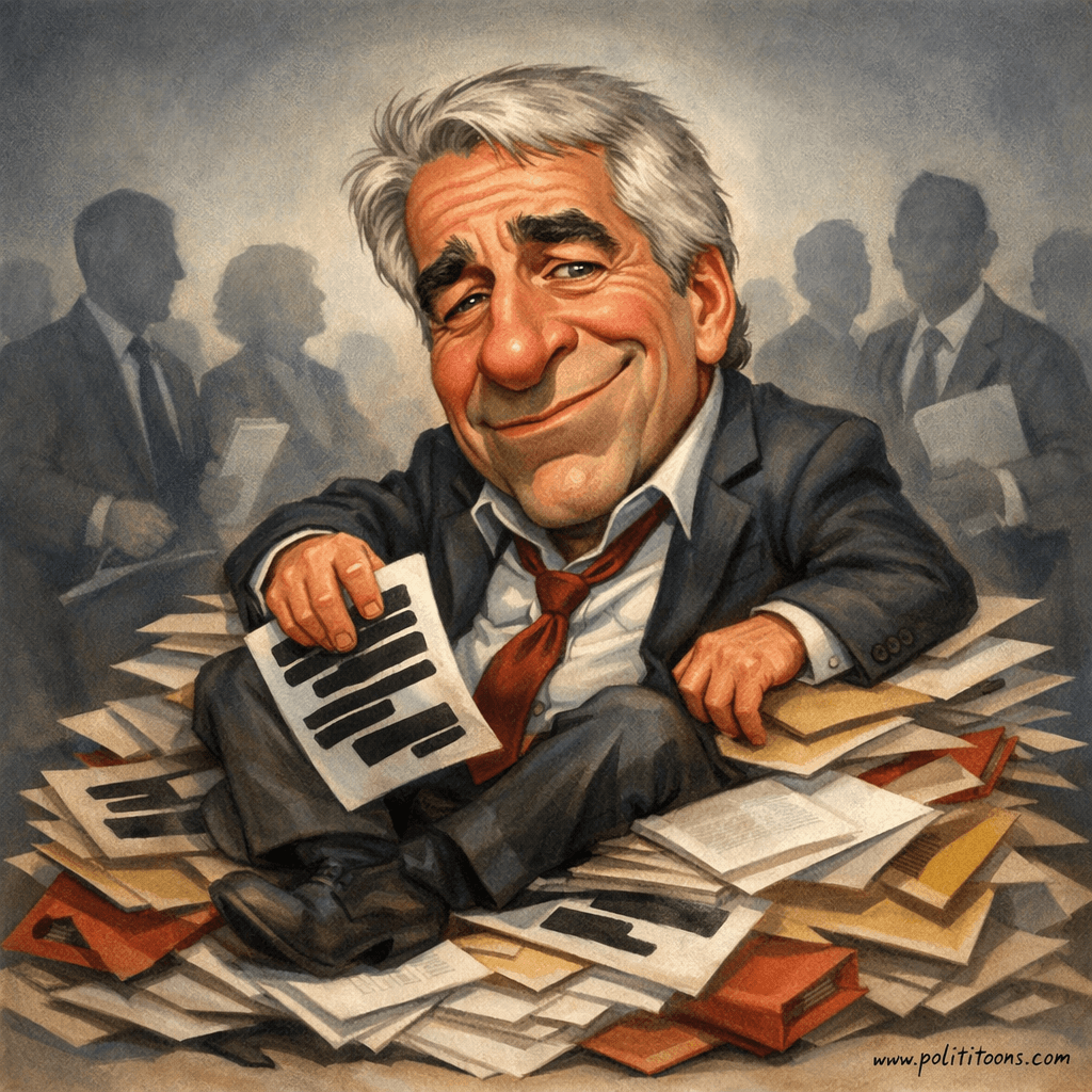 A caricature of a man with exaggerated features sits atop a pile of documents, holding a paper with redacted text. Silhouetted figures in the background hold more papers.