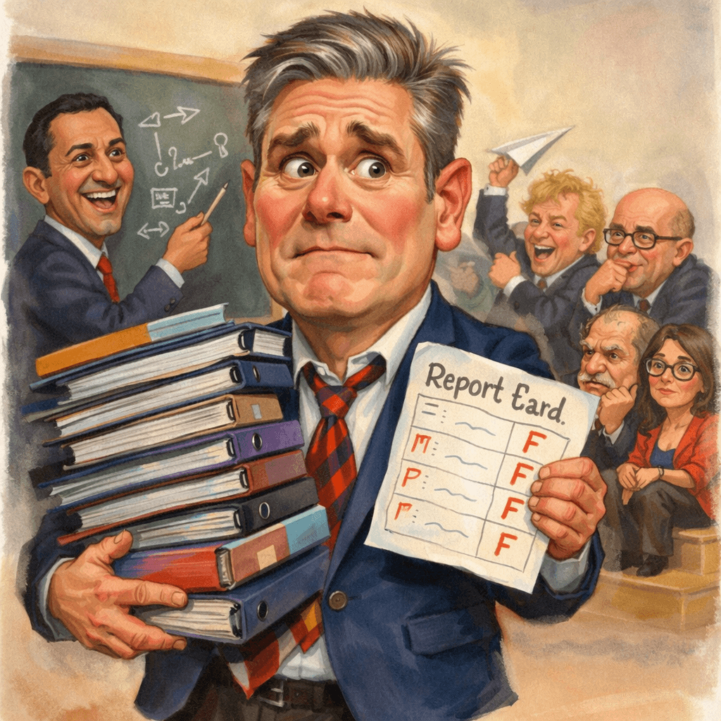 A caricature of a man holding a stack of binders and a report card with failing grades, surrounded by people in a classroom setting, including a teacher at a chalkboard and others throwing paper airplanes.