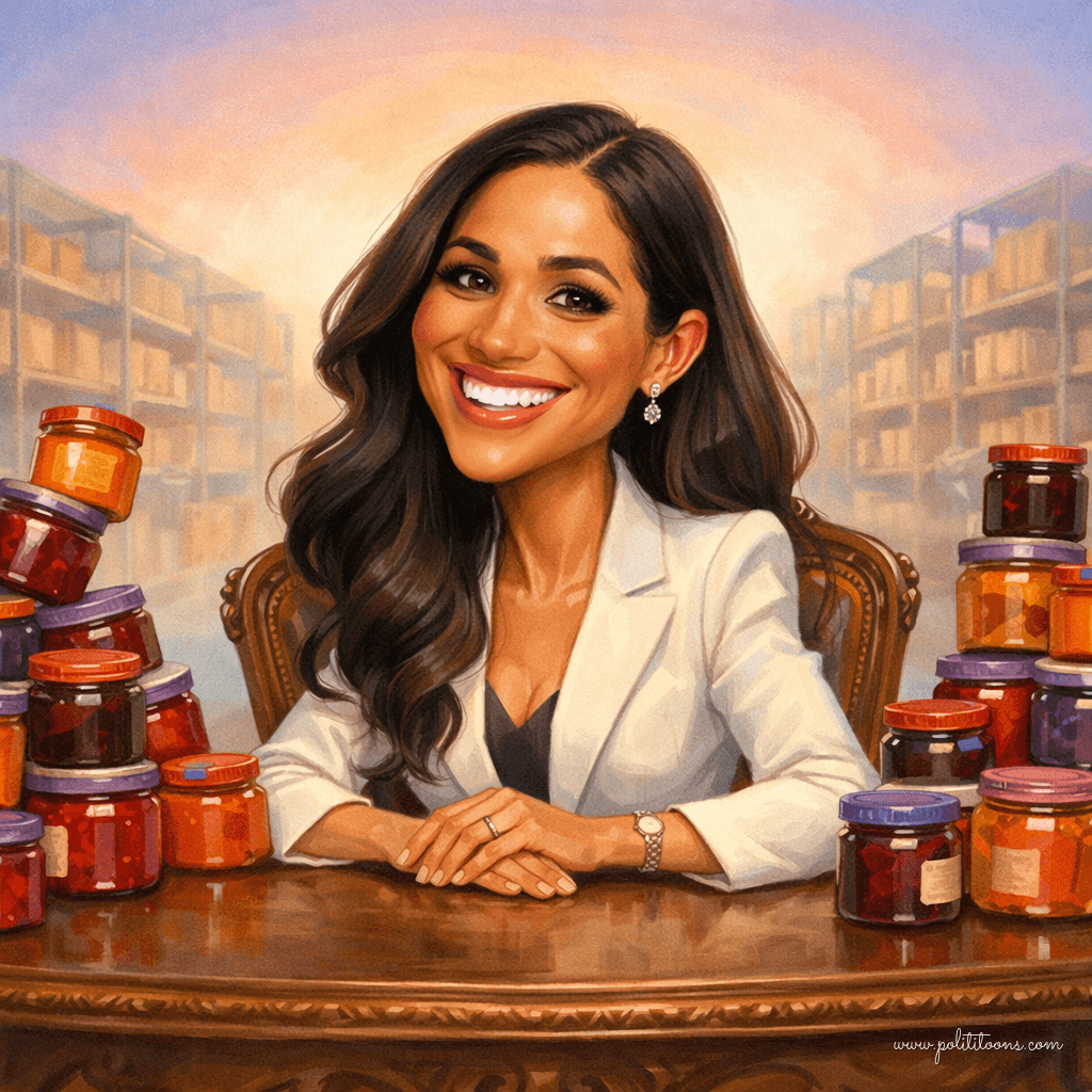 A caricature of a woman with exaggerated features smiling at a desk surrounded by jars of jam, with warehouse shelves in the background.