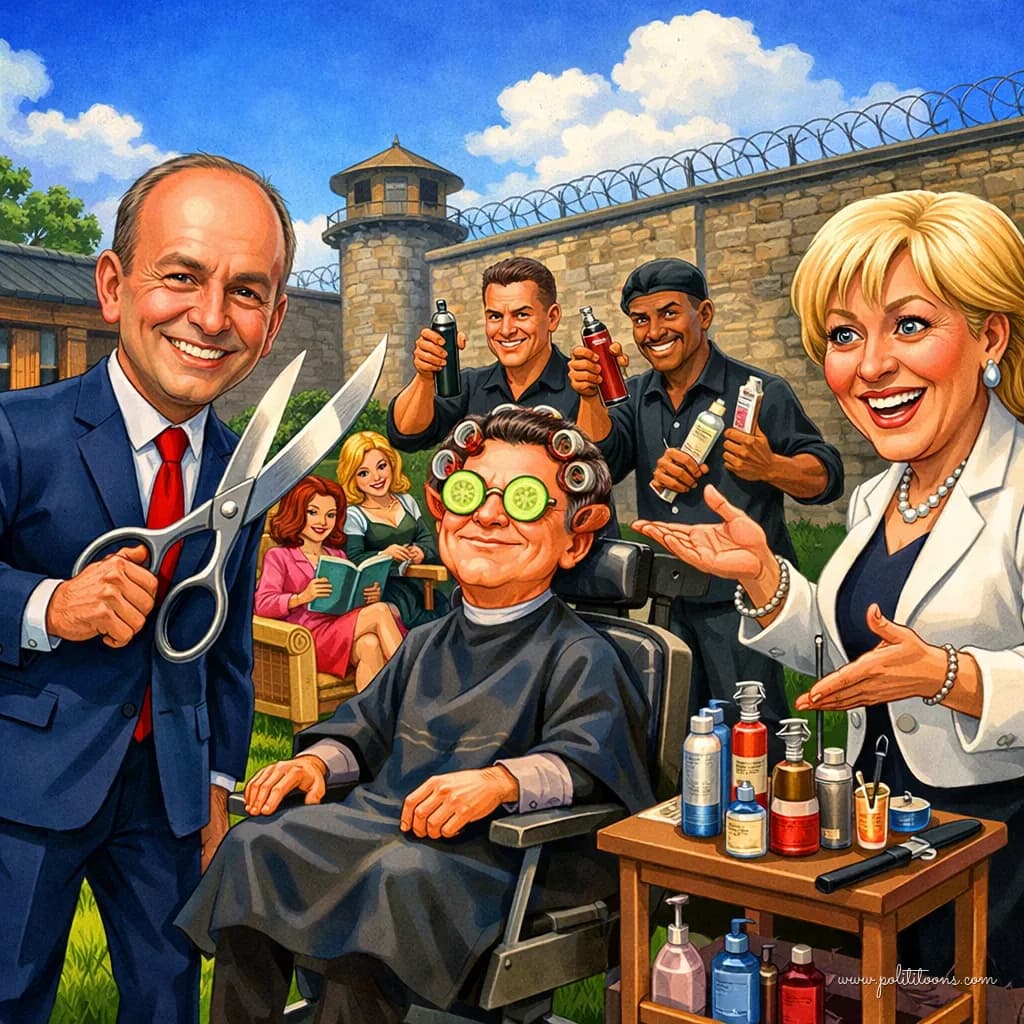 A man in a suit holds large scissors near a person in a salon chair with curlers and cucumber slices on their eyes, surrounded by smiling people holding salon tools, set against a prison yard backdrop.