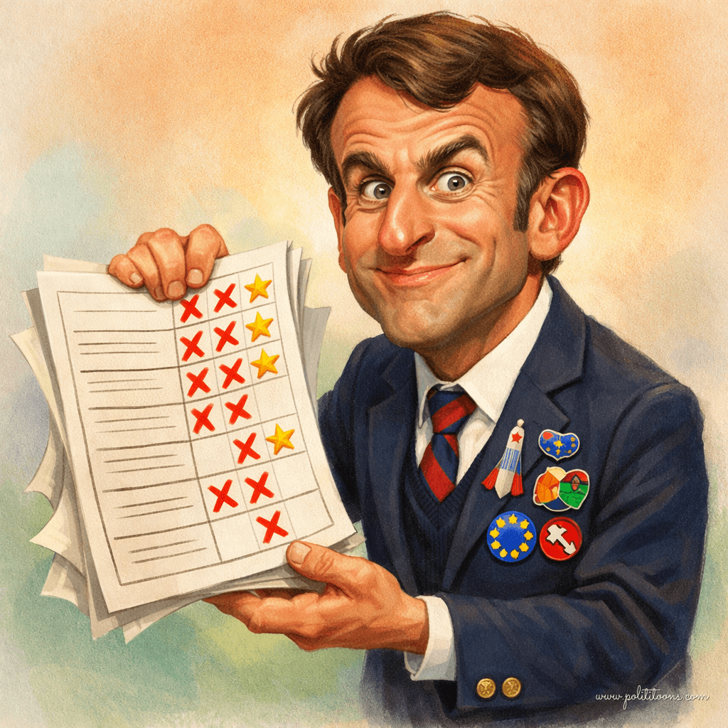 Caricature of a man in a suit holding a report card with red Xs and a few gold stars. His suit has various badges, and he has an exaggerated expression.