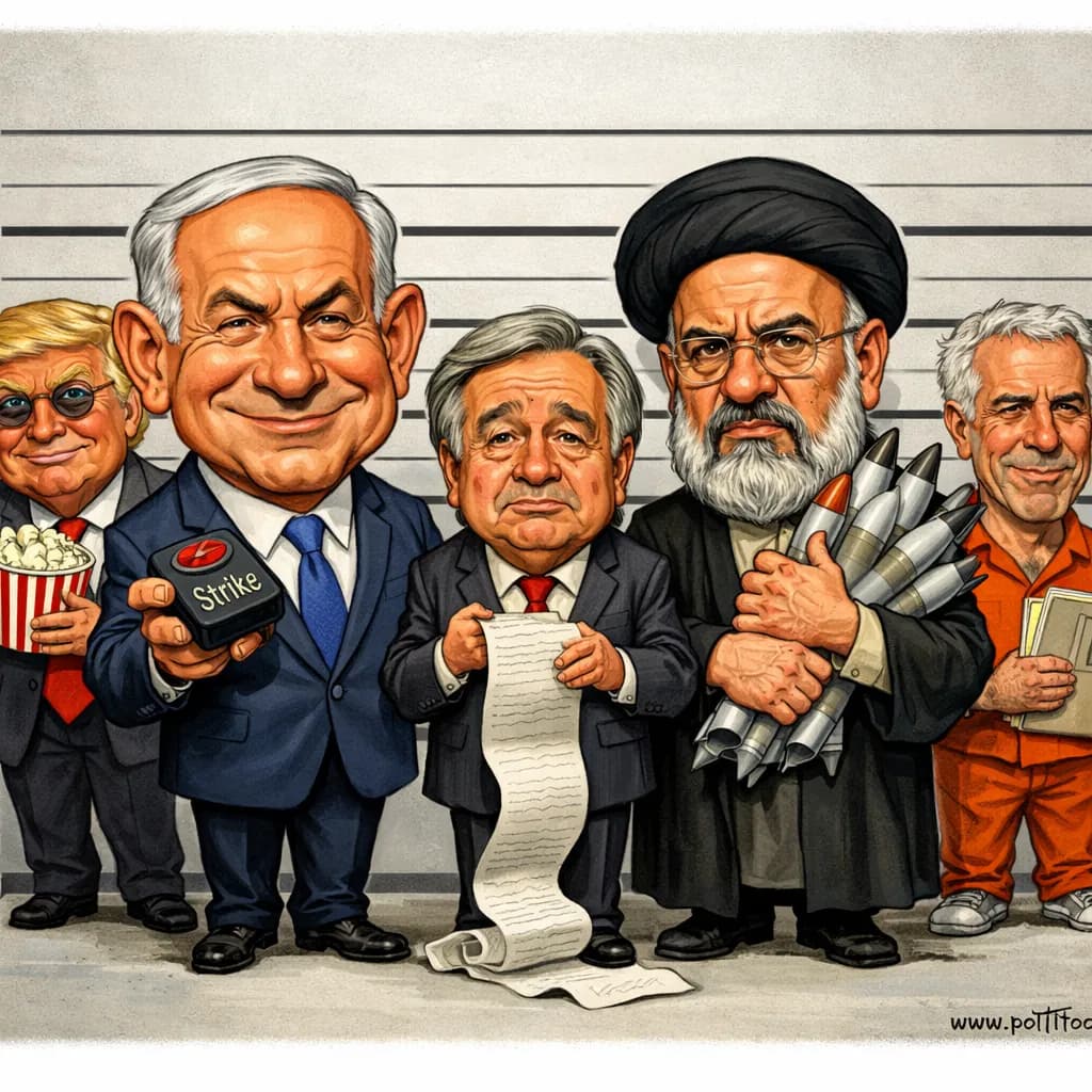 Five caricatured figures stand in front of a lineup wall. One holds a popcorn bucket, another a button labeled 'Strike,' the third a long speech, the fourth missiles, and the fifth wears an orange jumpsuit.