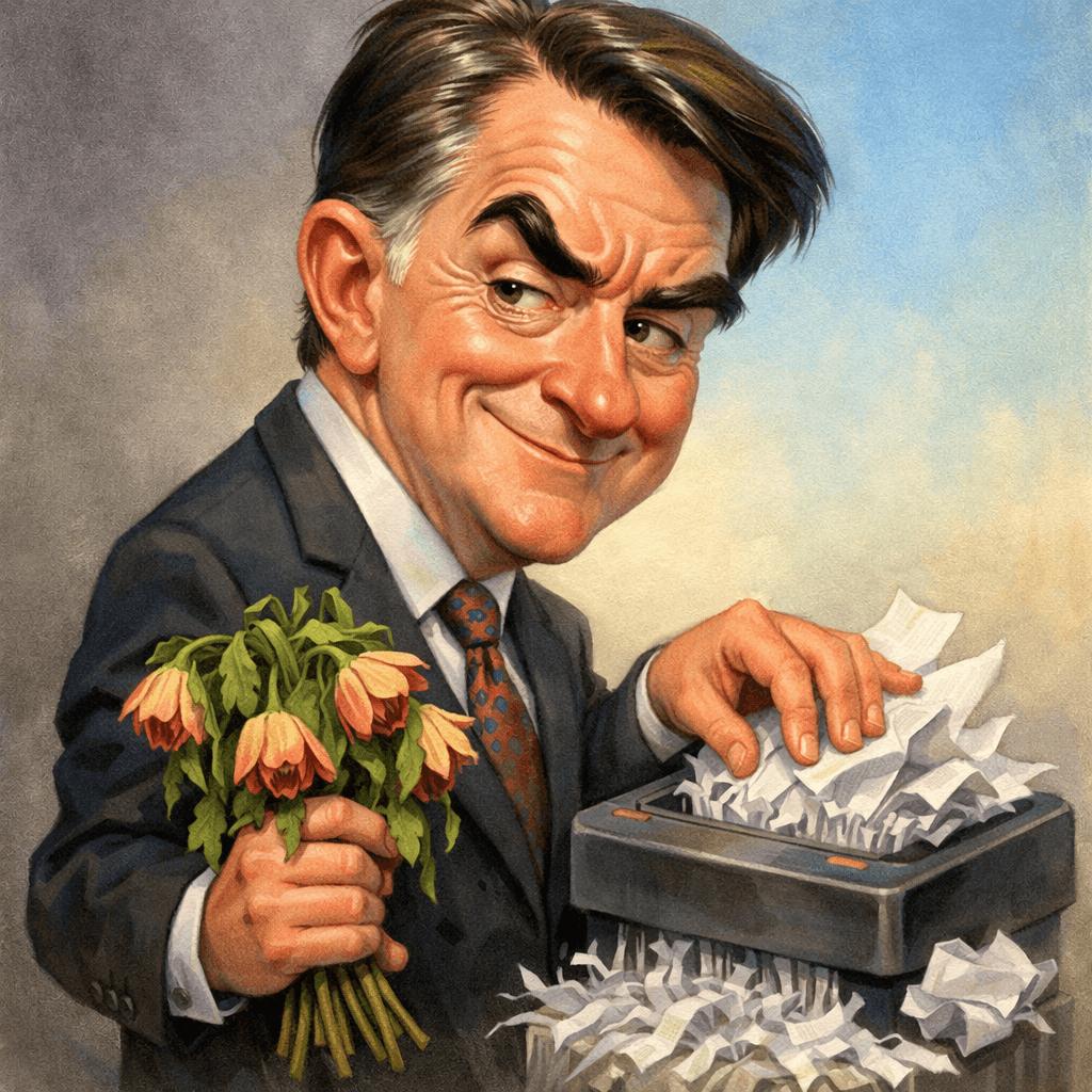 A caricature of a man with exaggerated features holding wilted flowers in one hand and feeding papers into a shredder with the other.