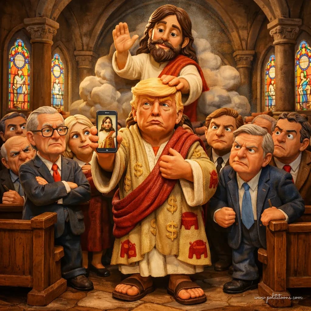 A claymation figure resembling a political leader holds a smartphone showing an image of a claymation Jesus, surrounded by skeptical onlookers in a church setting.